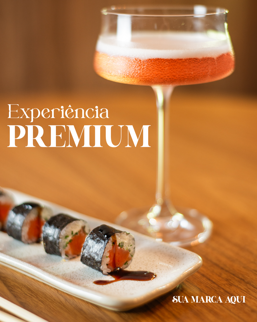 Arte com makis e taça de drinque, com os textos Experiência Premium e Sua marca aqui